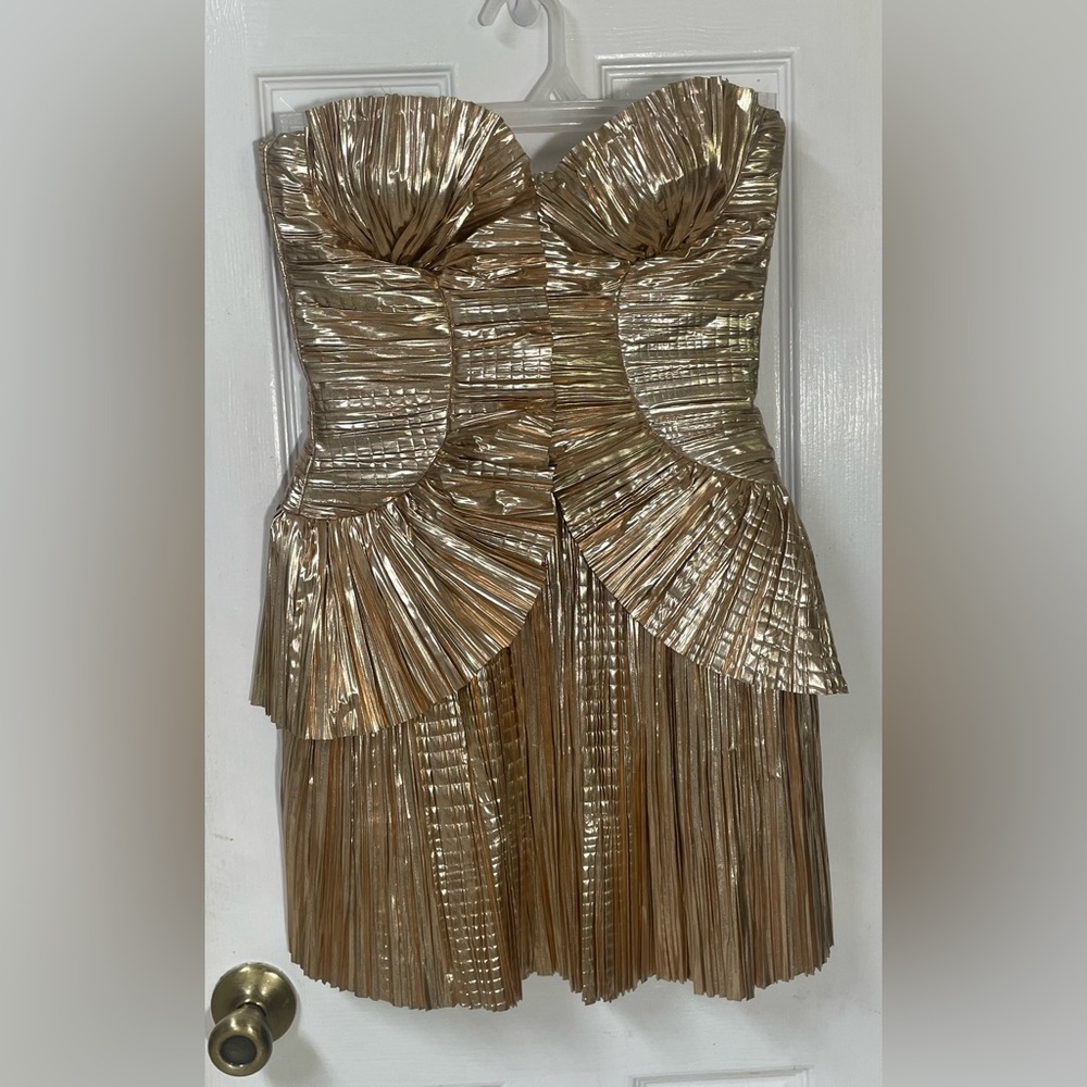 cult gaia Metallic Gold Strapless Pleated Mini Dress - Picture 3 of 14
